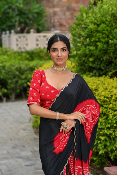 Black and Red Ghewar Print Crepe Saree with Aari and  Mirror Work and Scallop Border