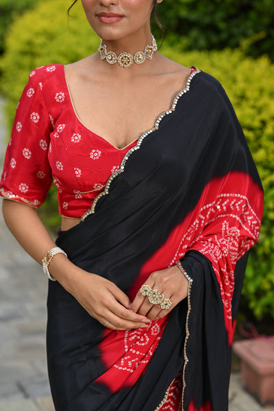 Black and Red Ghewar Print Crepe Saree with Aari and  Mirror Work and Scallop Border