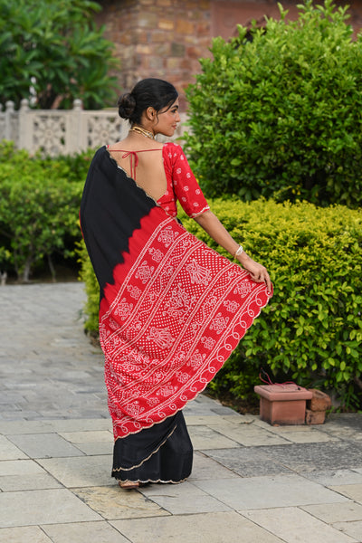 Black and Red Ghewar Print Crepe Saree with Aari and  Mirror Work and Scallop Border