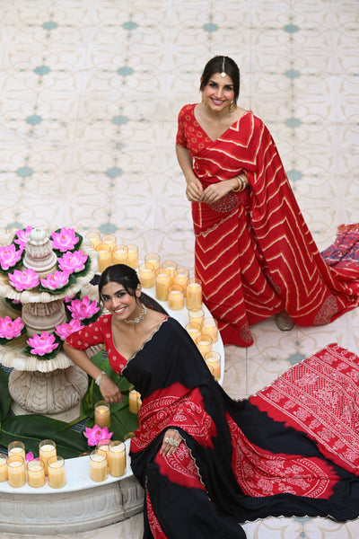Red Lehariya with Ajrakh Print Scallope Border with Mirror, Gota , Sequence and Tari Work Saree