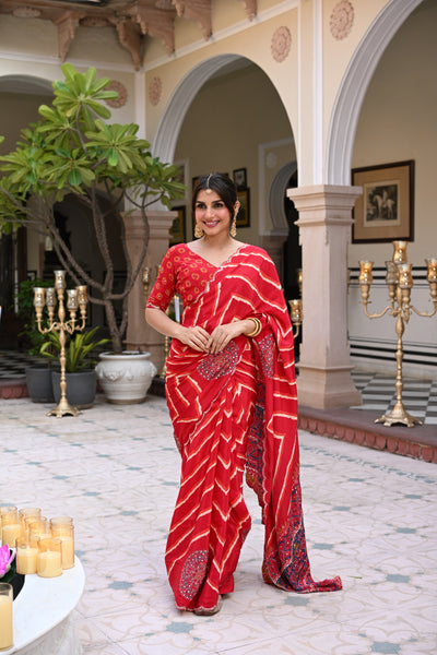 Red Lehariya with Ajrakh Print Scallope Border with Mirror, Gota , Sequence and Tari Work Saree