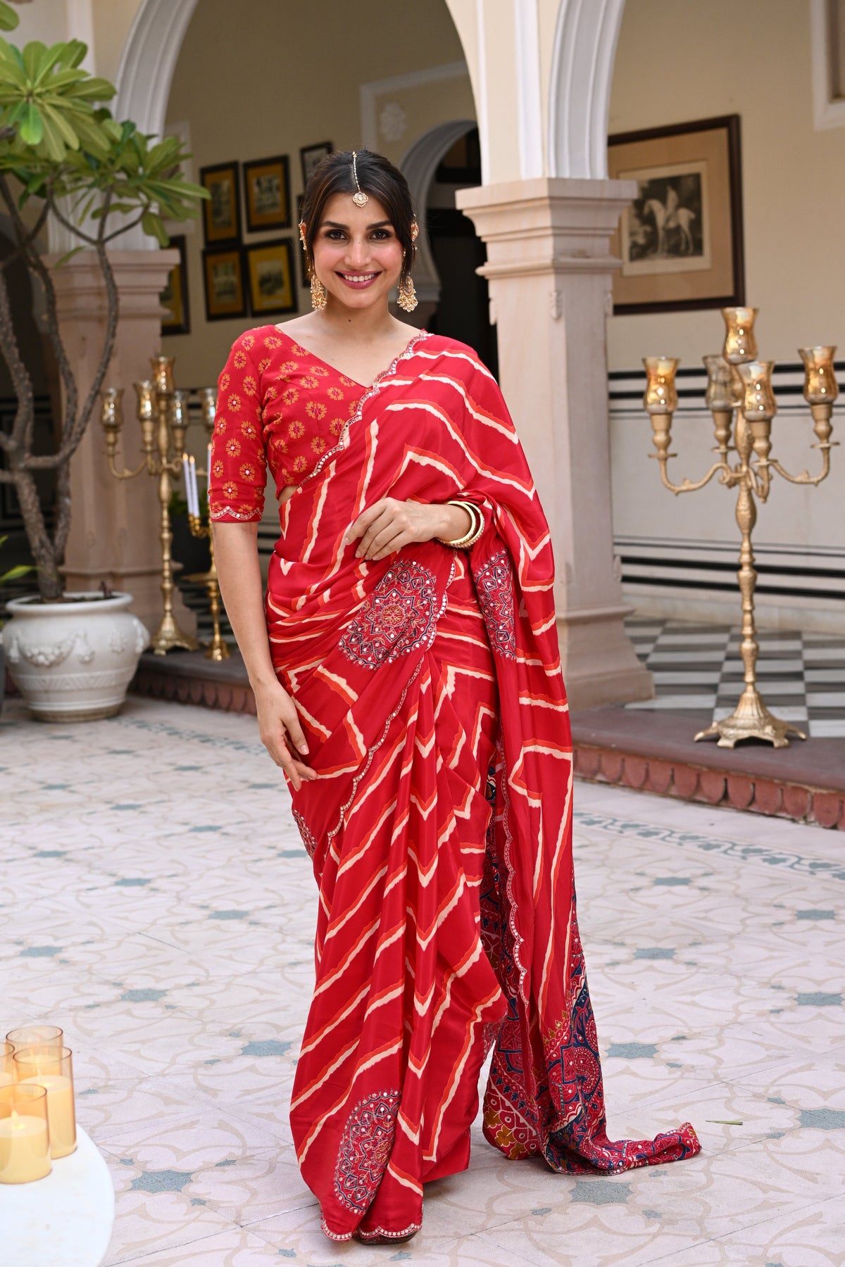 Red Lehariya with Ajrakh Print Scallope Border with Mirror, Gota , Sequence and Tari Work Saree
