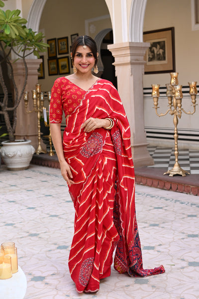 Red Lehariya with Ajrakh Print Scallope Border with Mirror, Gota , Sequence and Tari Work Saree