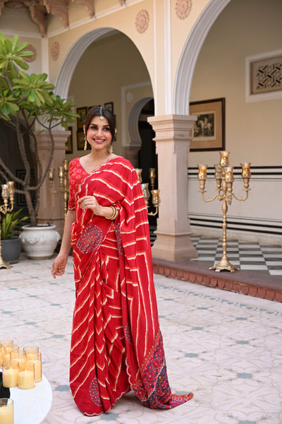 Red Lehariya with Ajrakh Print Scallope Border with Mirror, Gota , Sequence and Tari Work Saree
