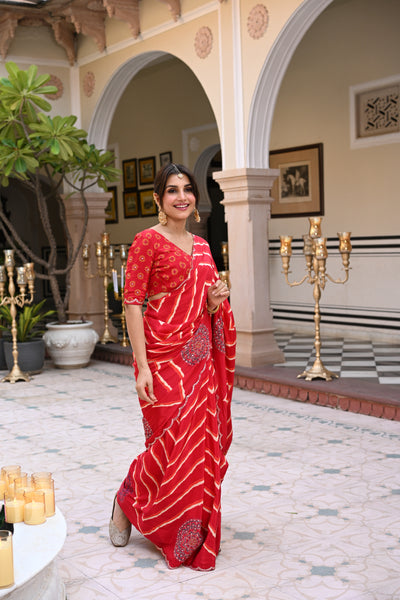 Red Lehariya with Ajrakh Print Scallope Border with Mirror, Gota , Sequence and Tari Work Saree