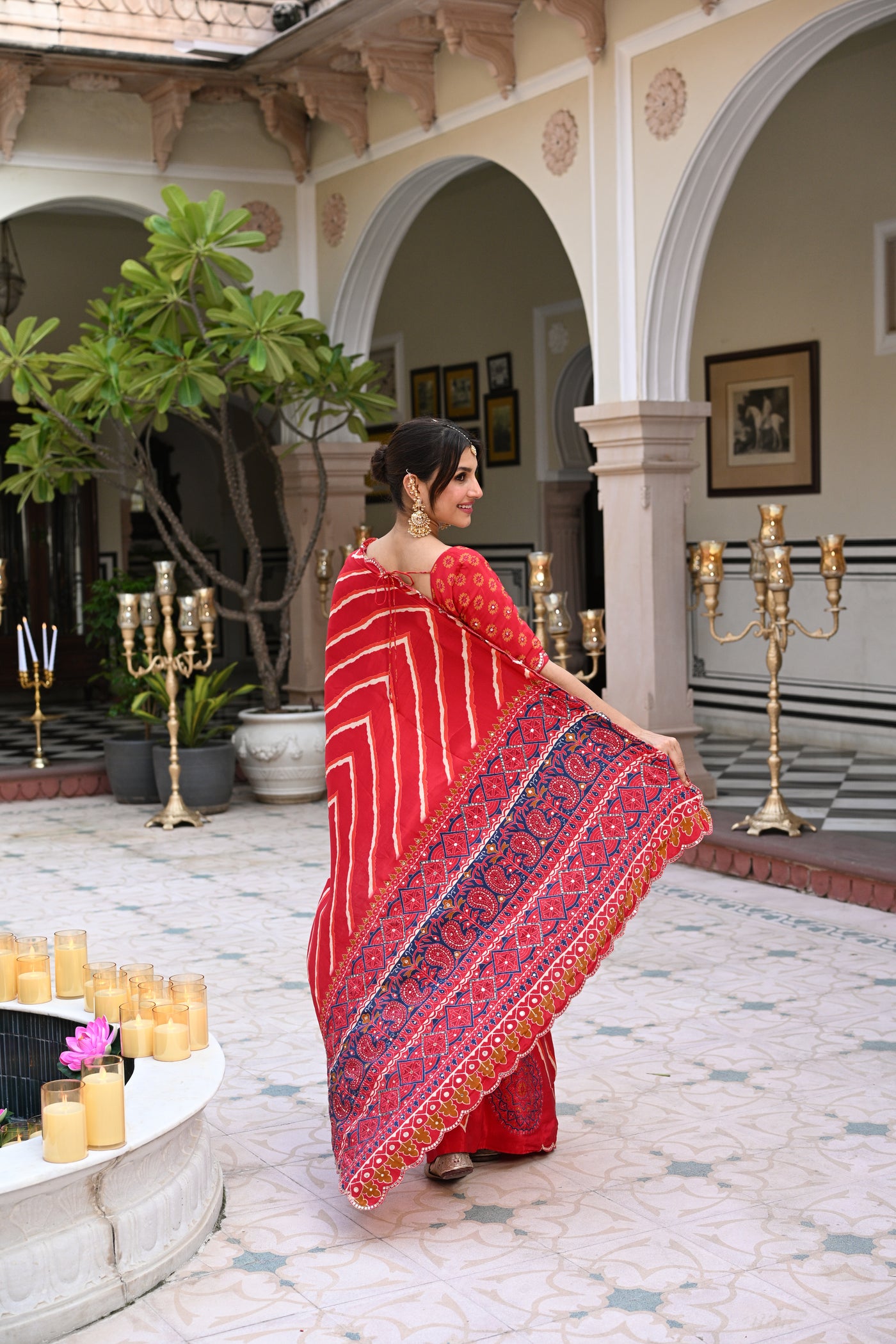 Red Lehariya with Ajrakh Print Scallope Border with Mirror, Gota , Sequence and Tari Work Saree