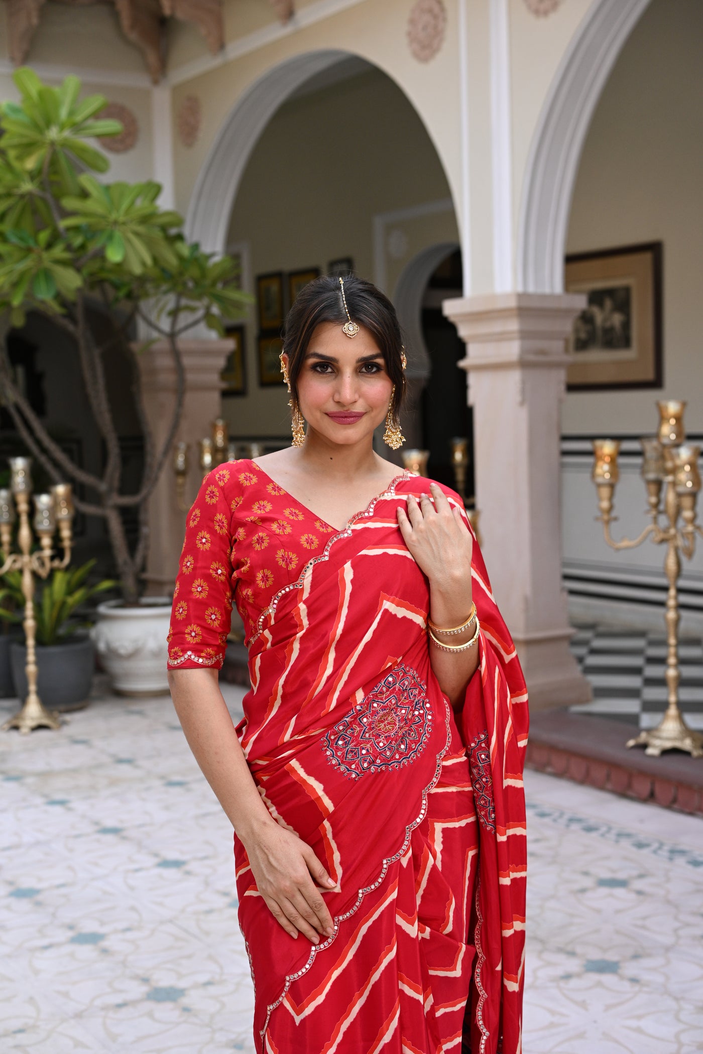 Red Lehariya with Ajrakh Print Scallope Border with Mirror, Gota , Sequence and Tari Work Saree