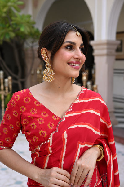 Red Lehariya with Ajrakh Print Scallope Border with Mirror, Gota , Sequence and Tari Work Saree
