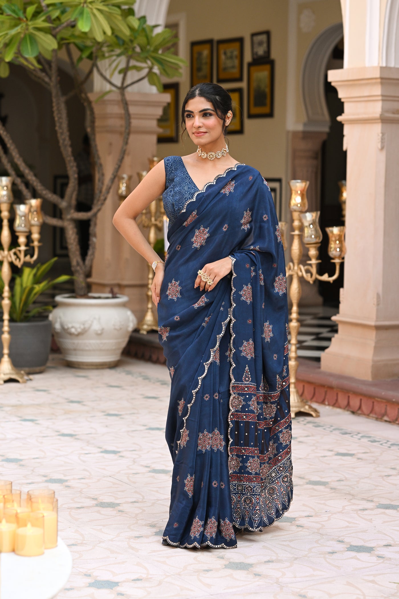 Blue Ajrakh Print Scallope Border with Gota , Tari , Sequence and Mirror Work Saree