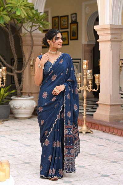 Blue Ajrakh Print Scallope Border with Gota , Tari , Sequence and Mirror Work Saree