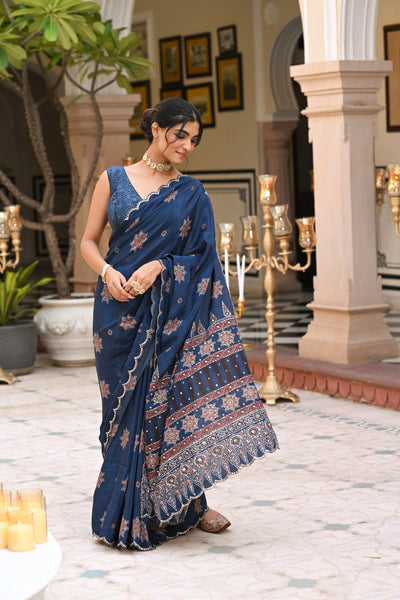 Blue Ajrakh Print Scallope Border with Gota , Tari , Sequence and Mirror Work Saree
