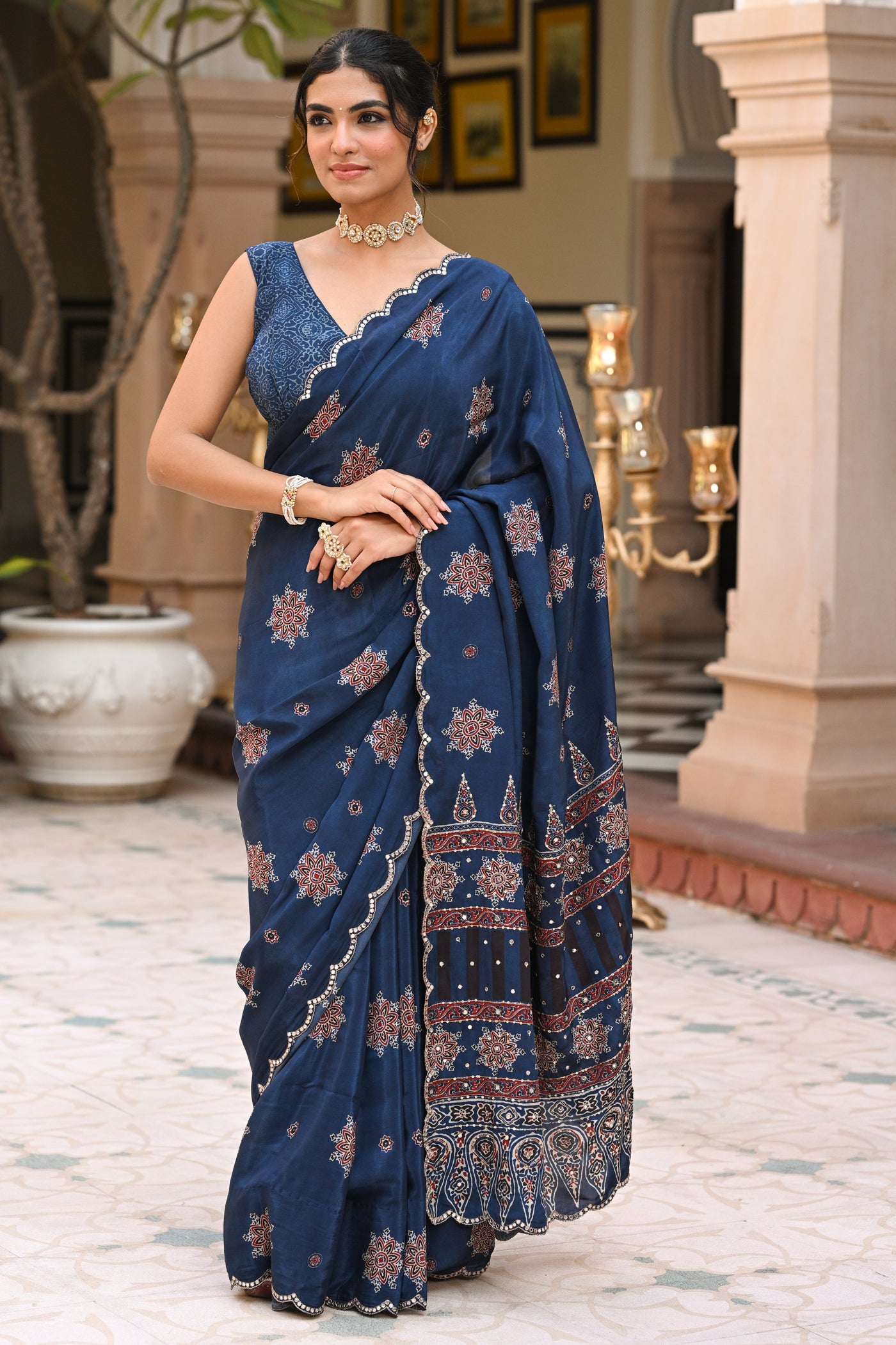 Blue Ajrakh Print Scallope Border with Gota , Tari , Sequence and Mirror Work Saree