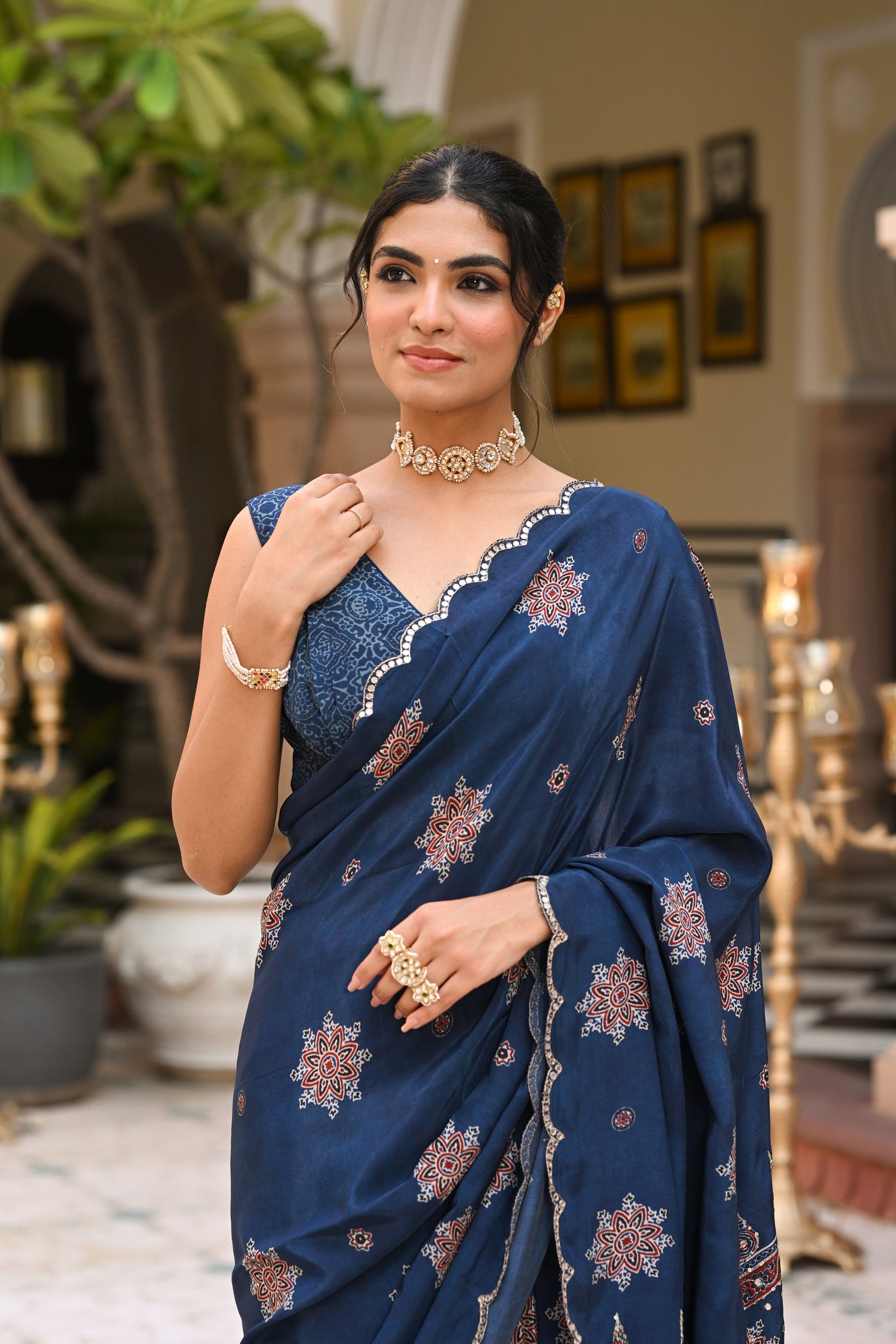 Blue Ajrakh Print Scallope Border with Gota , Tari , Sequence and Mirror Work Saree