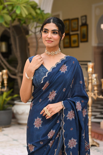 Blue Ajrakh Print Scallope Border with Gota , Tari , Sequence and Mirror Work Saree