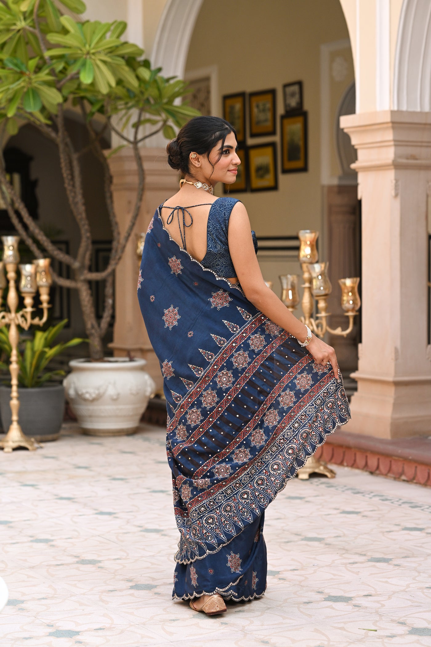 Blue Ajrakh Print Scallope Border with Gota , Tari , Sequence and Mirror Work Saree
