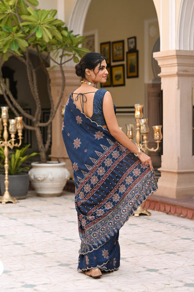 Blue Ajrakh Print Scallope Border with Gota , Tari , Sequence and Mirror Work Saree