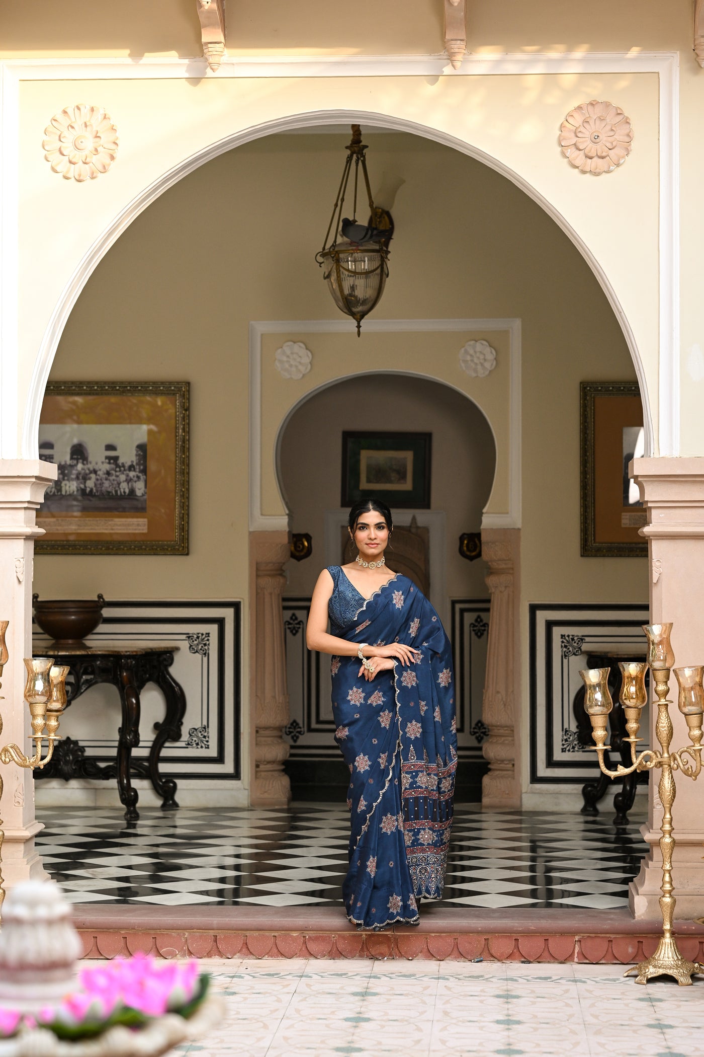 Blue Ajrakh Print Scallope Border with Gota , Tari , Sequence and Mirror Work Saree