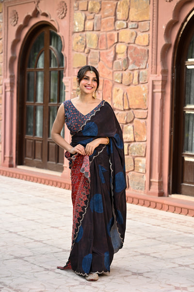 Black and Blue Polka Dot with Ajrakh Print Scallope Border and Tari with Gota and Sequence Work Saree