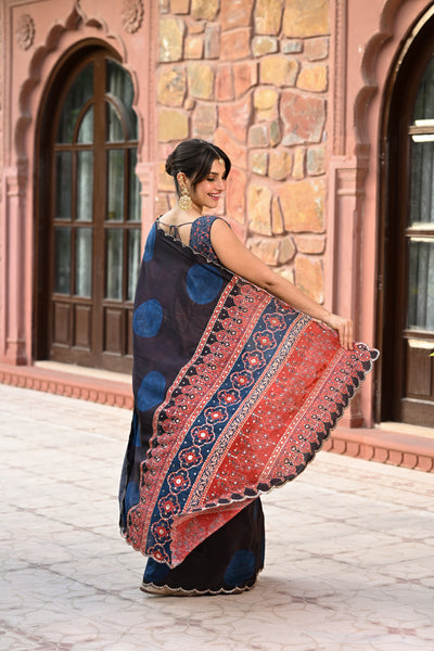 Black and Blue Polka Dot with Ajrakh Print Scallope Border and Tari with Gota and Sequence Work Saree