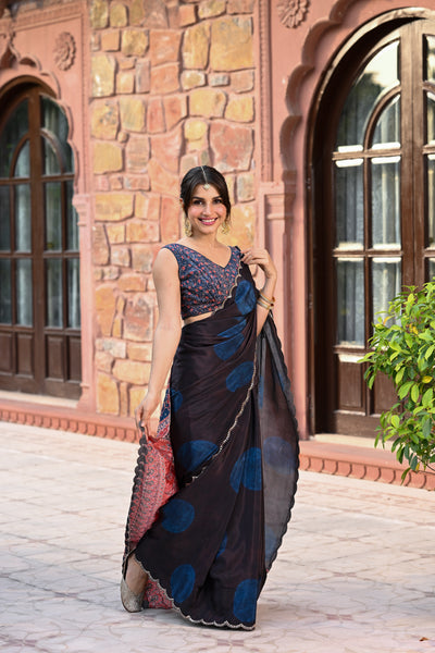 Black and Blue Polka Dot with Ajrakh Print Scallope Border and Tari with Gota and Sequence Work Saree
