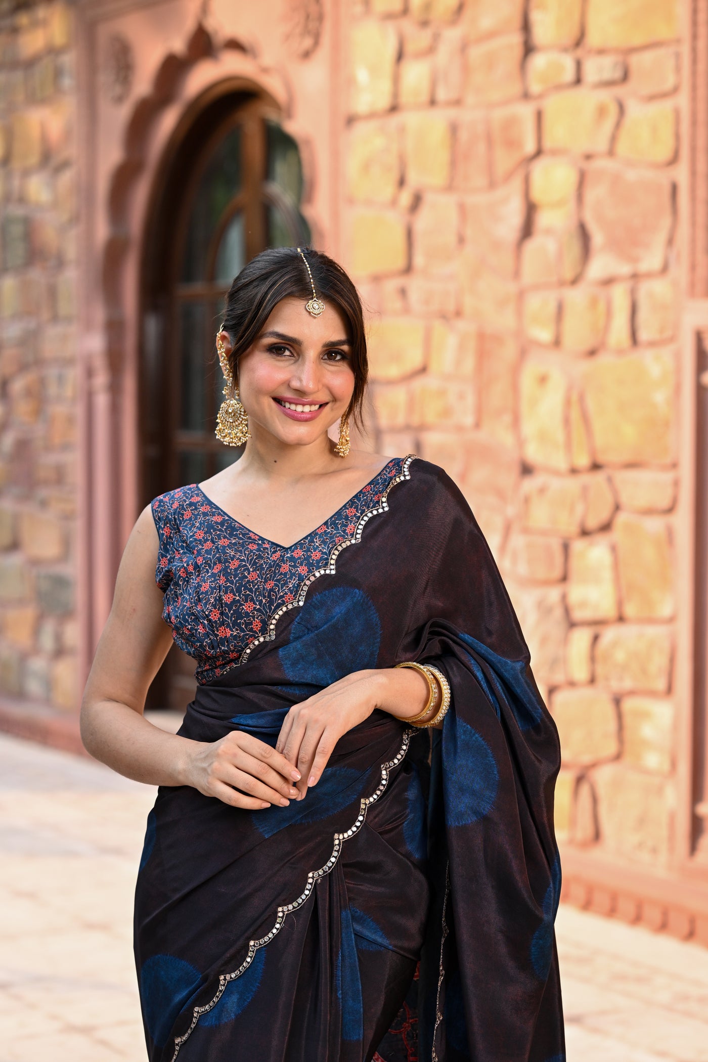 Black and Blue Polka Dot with Ajrakh Print Scallope Border and Tari with Gota and Sequence Work Saree