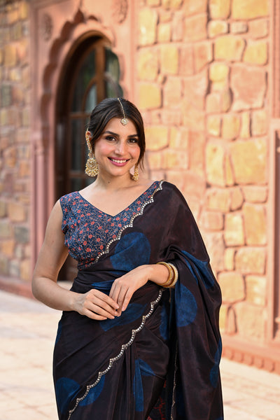 Black and Blue Polka Dot with Ajrakh Print Scallope Border and Tari with Gota and Sequence Work Saree