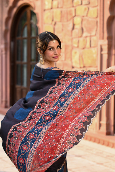 Black and Blue Polka Dot with Ajrakh Print Scallope Border and Tari with Gota and Sequence Work Saree