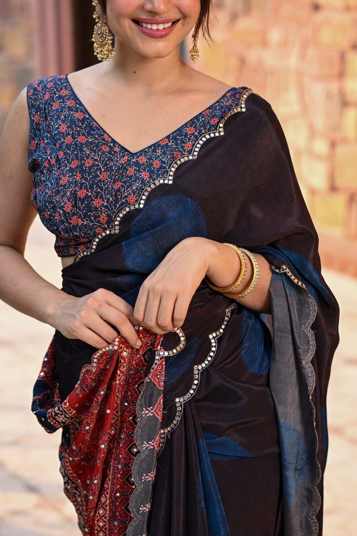 Black and Blue Polka Dot with Ajrakh Print Scallope Border and Tari with Gota and Sequence Work Saree