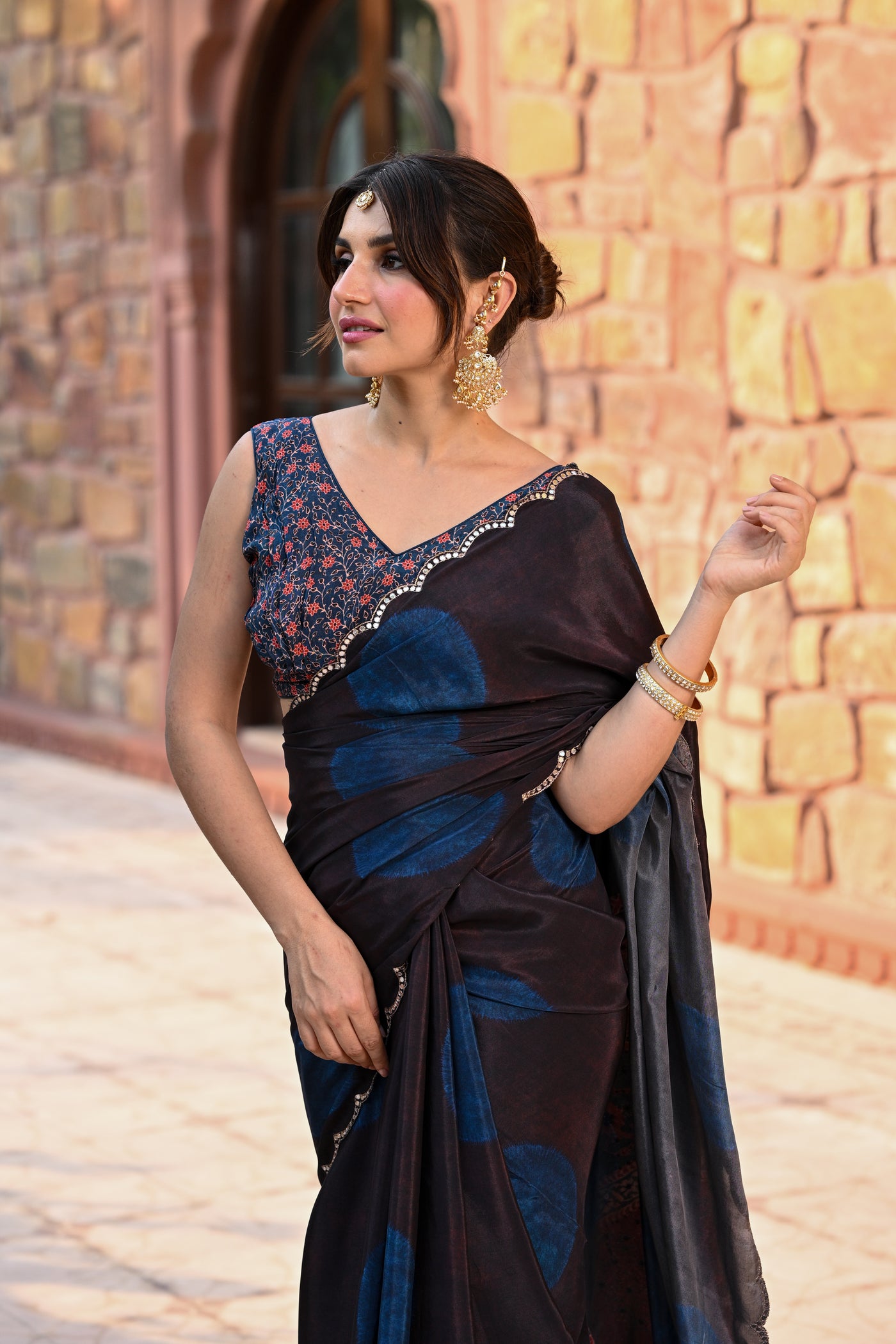 Black and Blue Polka Dot with Ajrakh Print Scallope Border and Tari with Gota and Sequence Work Saree