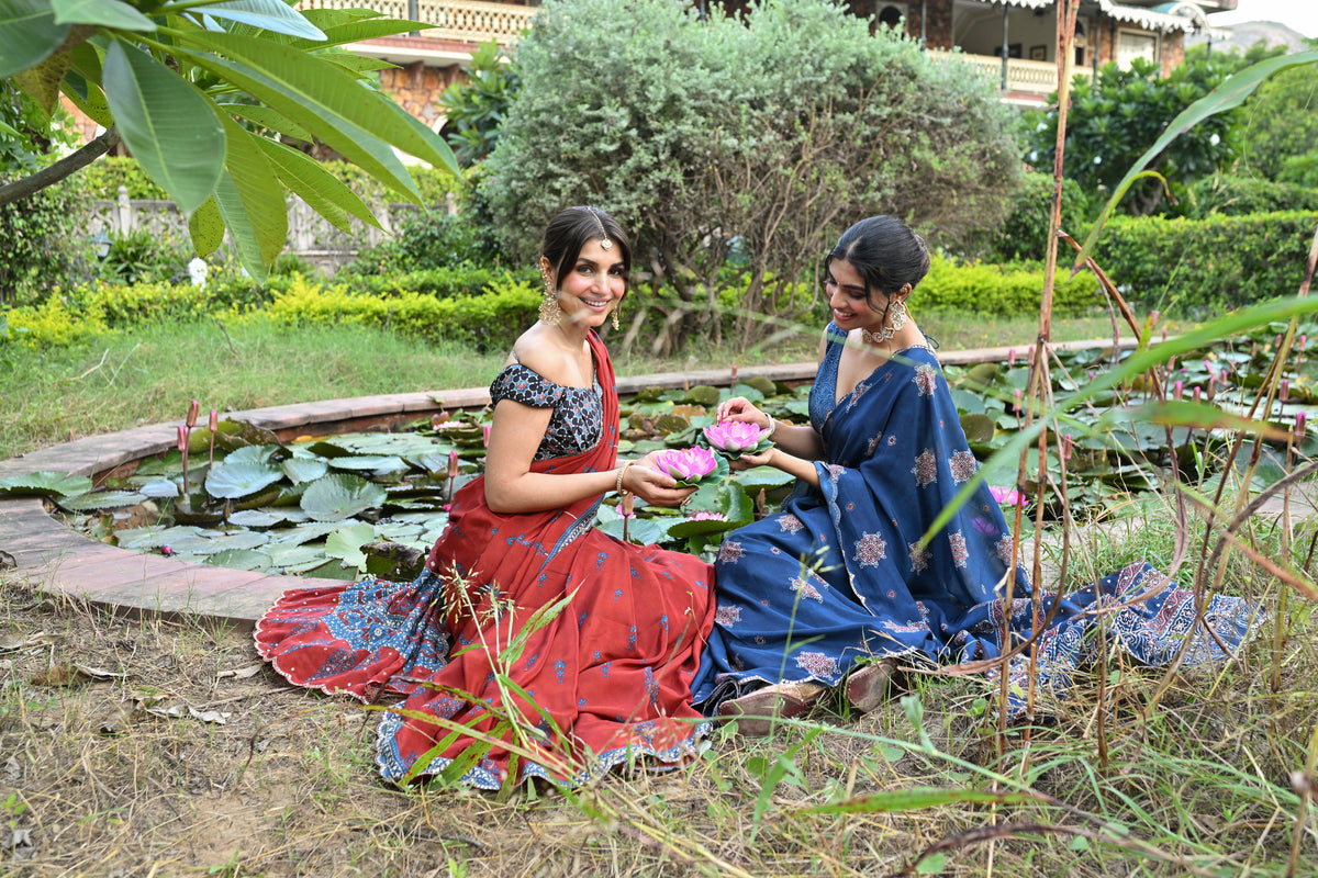 Red Mughal with Ajrakh Print Saree with Mirror , Sequence and Aari Work and Scallope Border