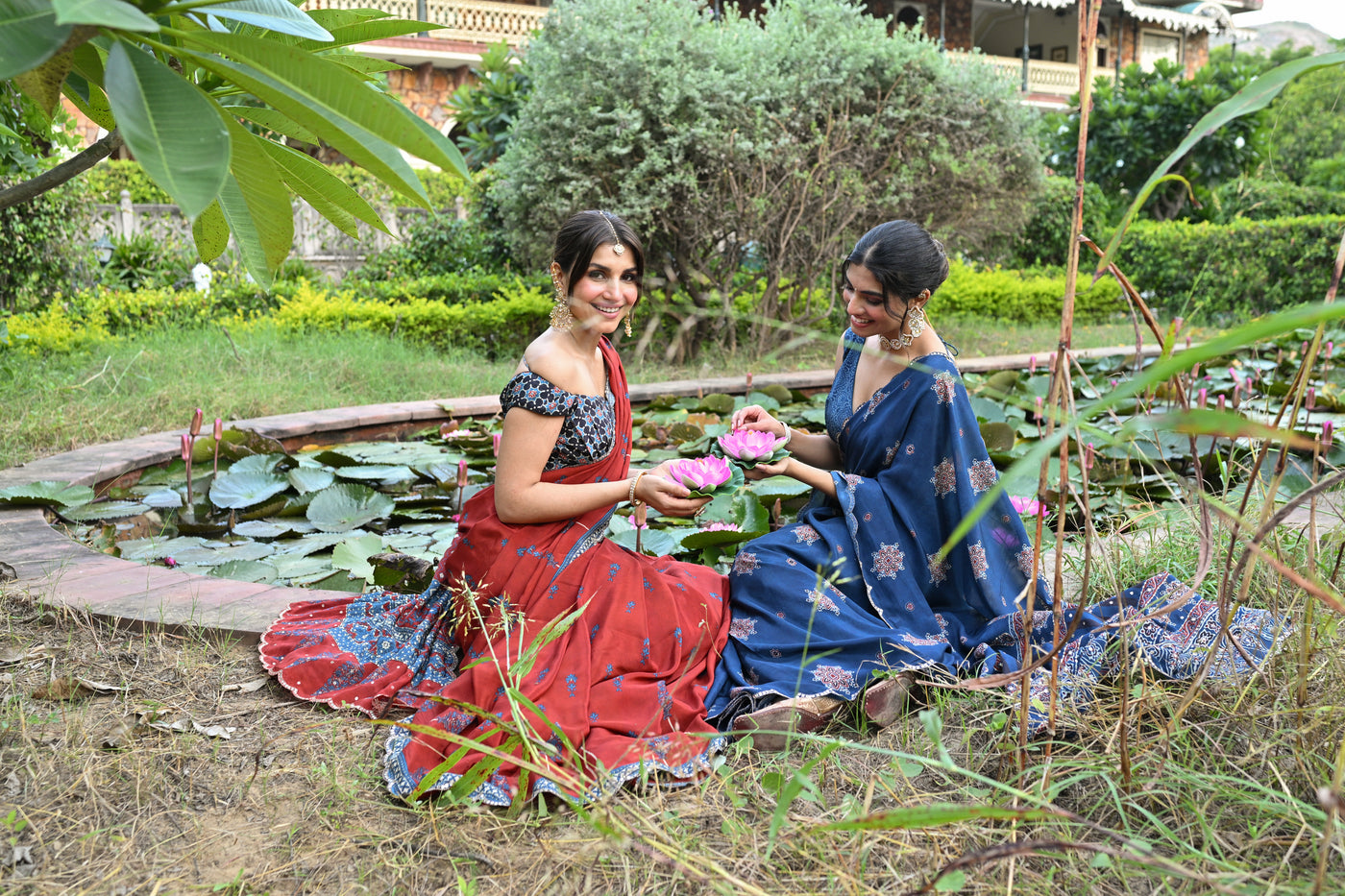 Red Mughal with Ajrakh Print Saree with Mirror , Sequence and Aari Work and Scallope Border