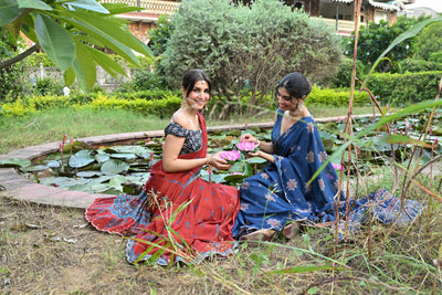 Red Mughal with Ajrakh Print Saree with Mirror , Sequence and Aari Work and Scallope Border