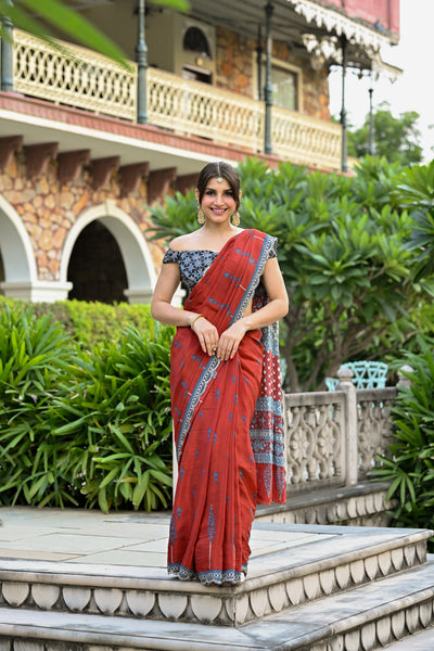 Red Mughal with Ajrakh Print Saree with Mirror , Sequence and Aari Work and Scallope Border