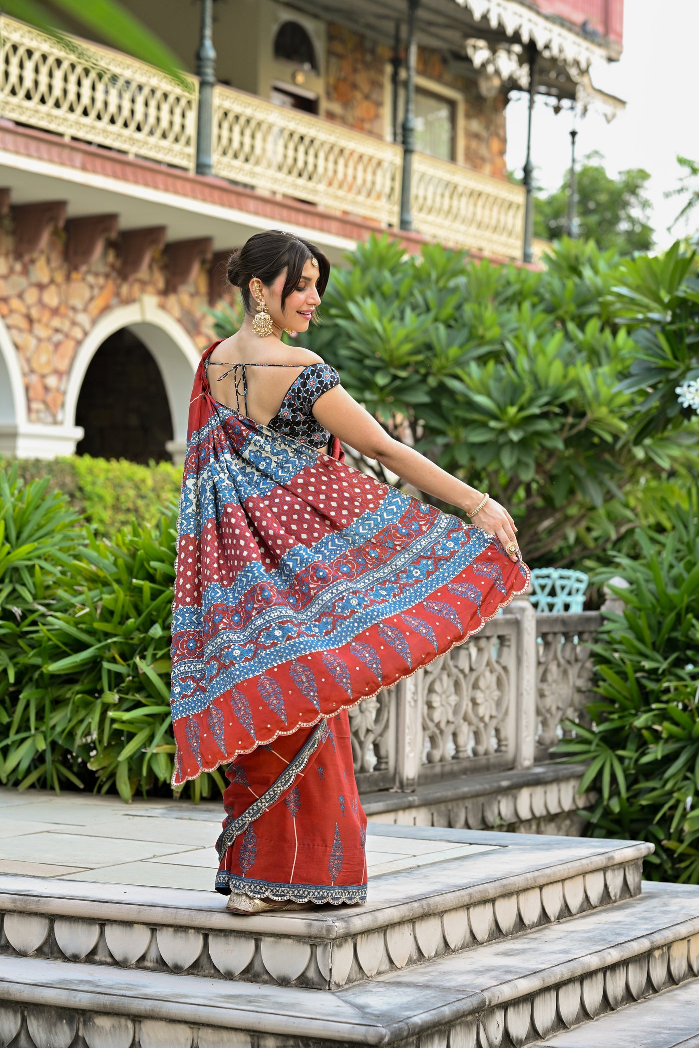 Red Mughal with Ajrakh Print Saree with Mirror , Sequence and Aari Work and Scallope Border