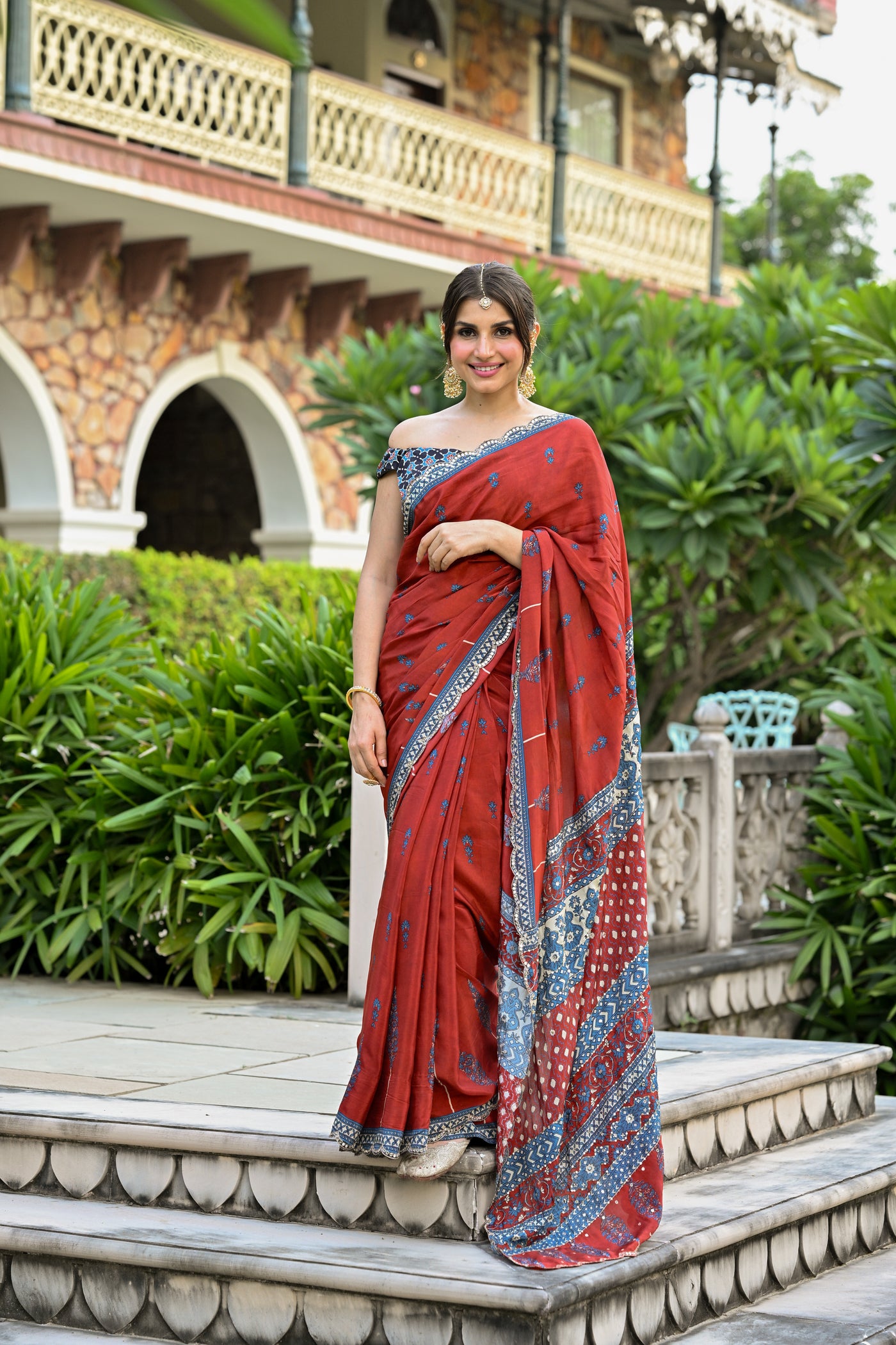 Red Mughal with Ajrakh Print Saree with Mirror , Sequence and Aari Work and Scallope Border