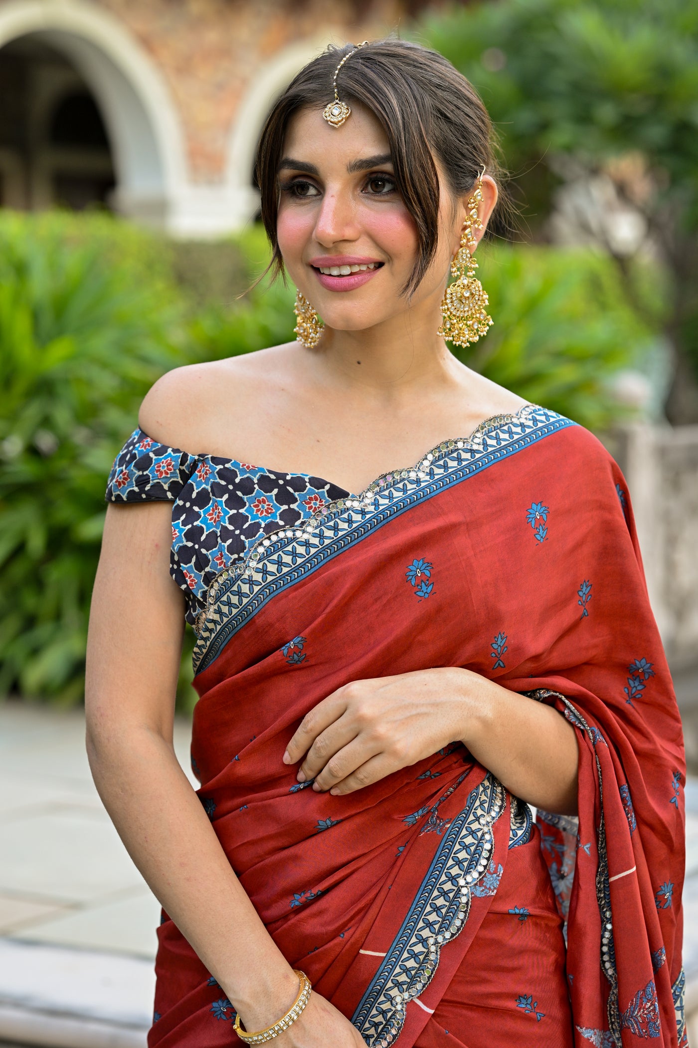 Red Mughal with Ajrakh Print Saree with Mirror , Sequence and Aari Work and Scallope Border