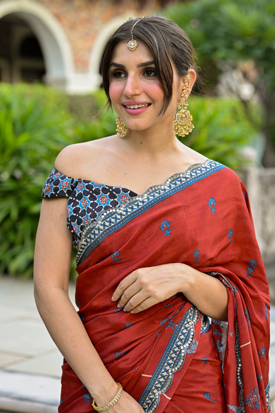 Red Mughal with Ajrakh Print Saree with Mirror , Sequence and Aari Work and Scallope Border