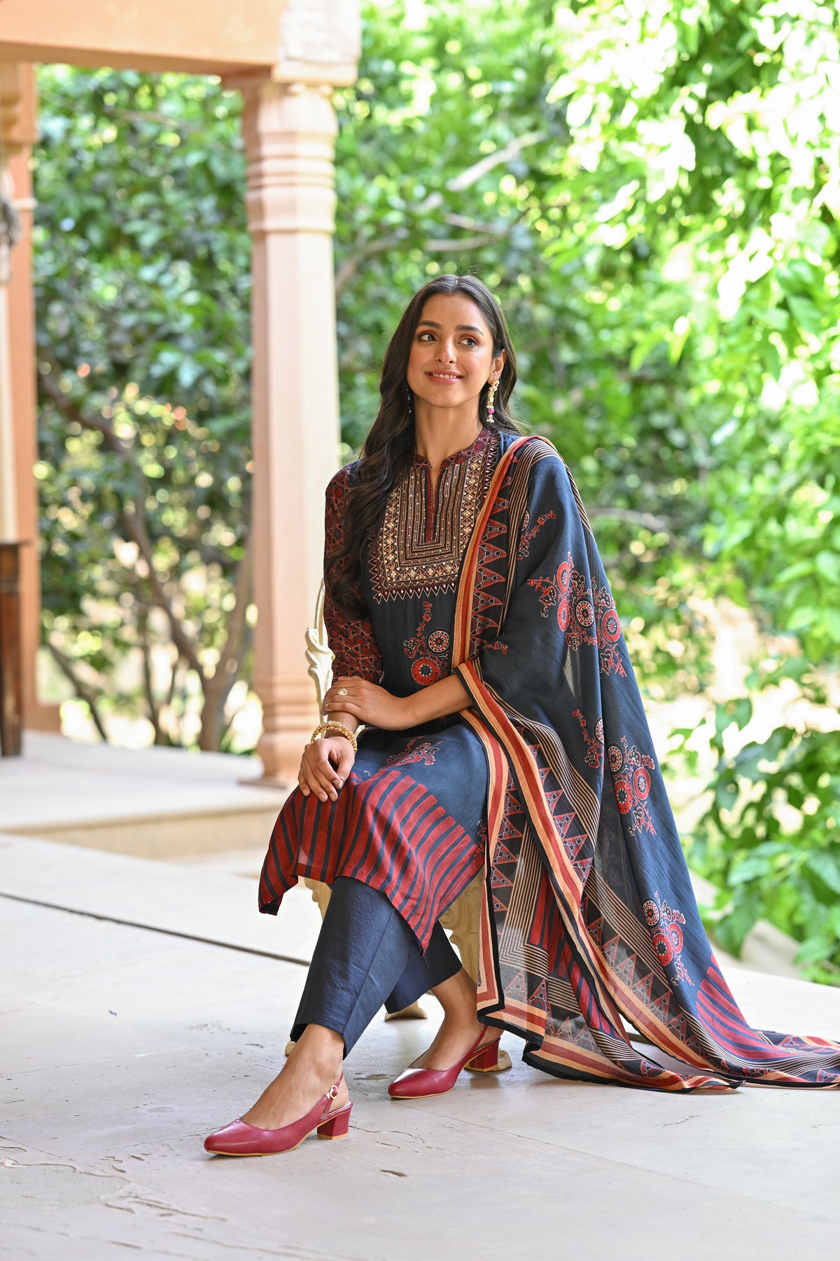 Blue Block Print Muslin Suit Set with Gota, Tari and Sequence Work