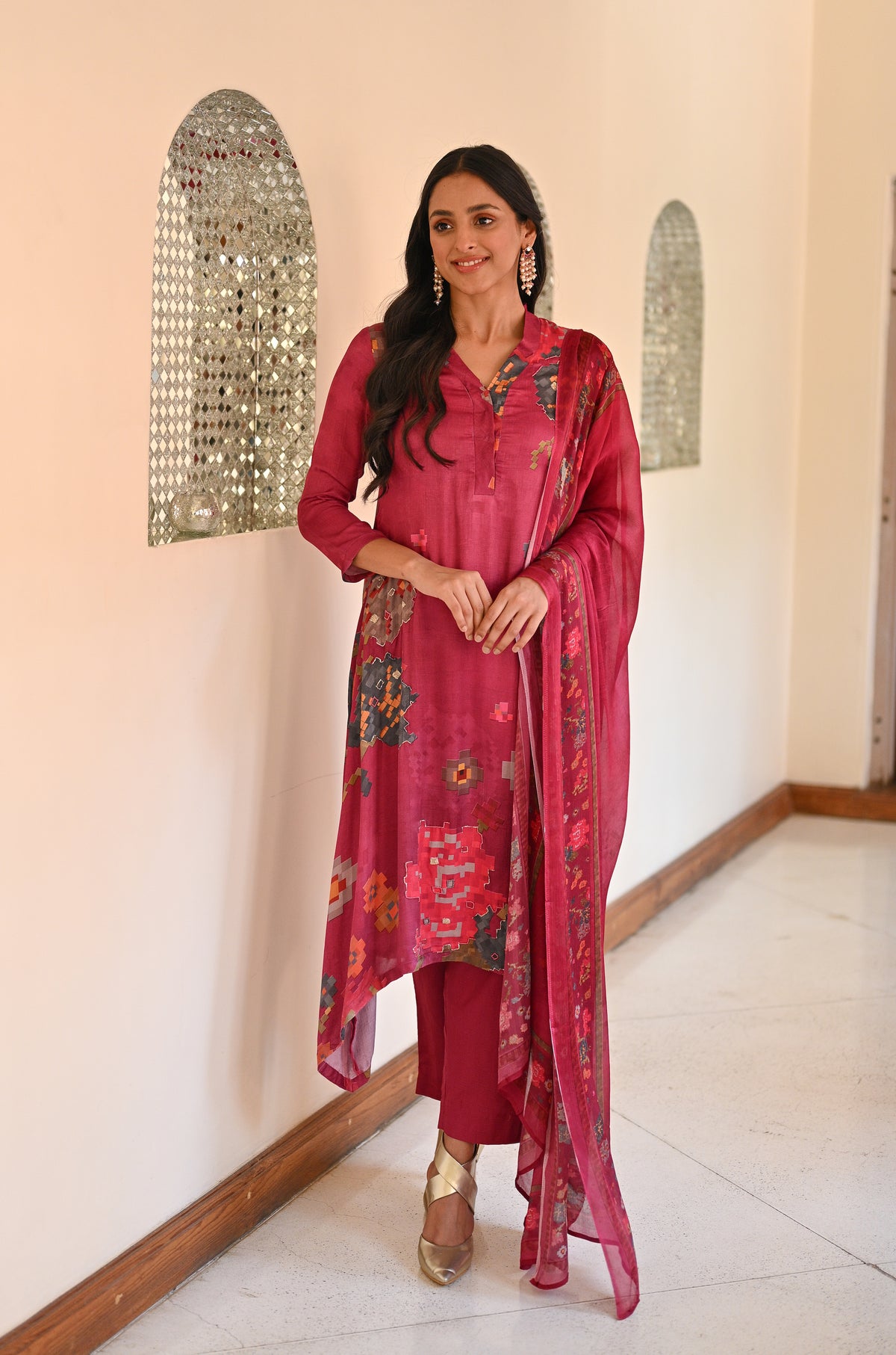 Abstract Bloom Print Royal Magenta Pink Gajji Silk Suit Set with Moti Work