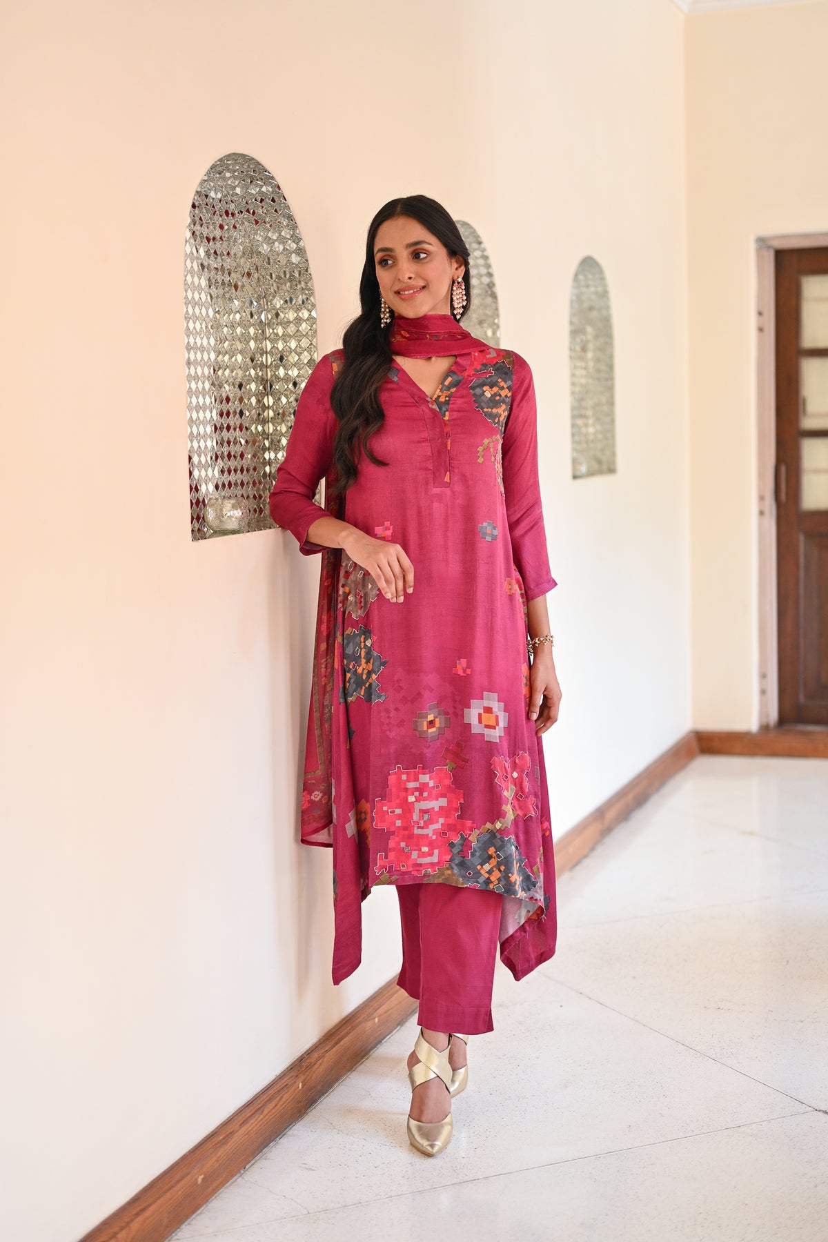 Abstract Bloom Print Royal Magenta Pink Gajji Silk Suit Set with Moti Work