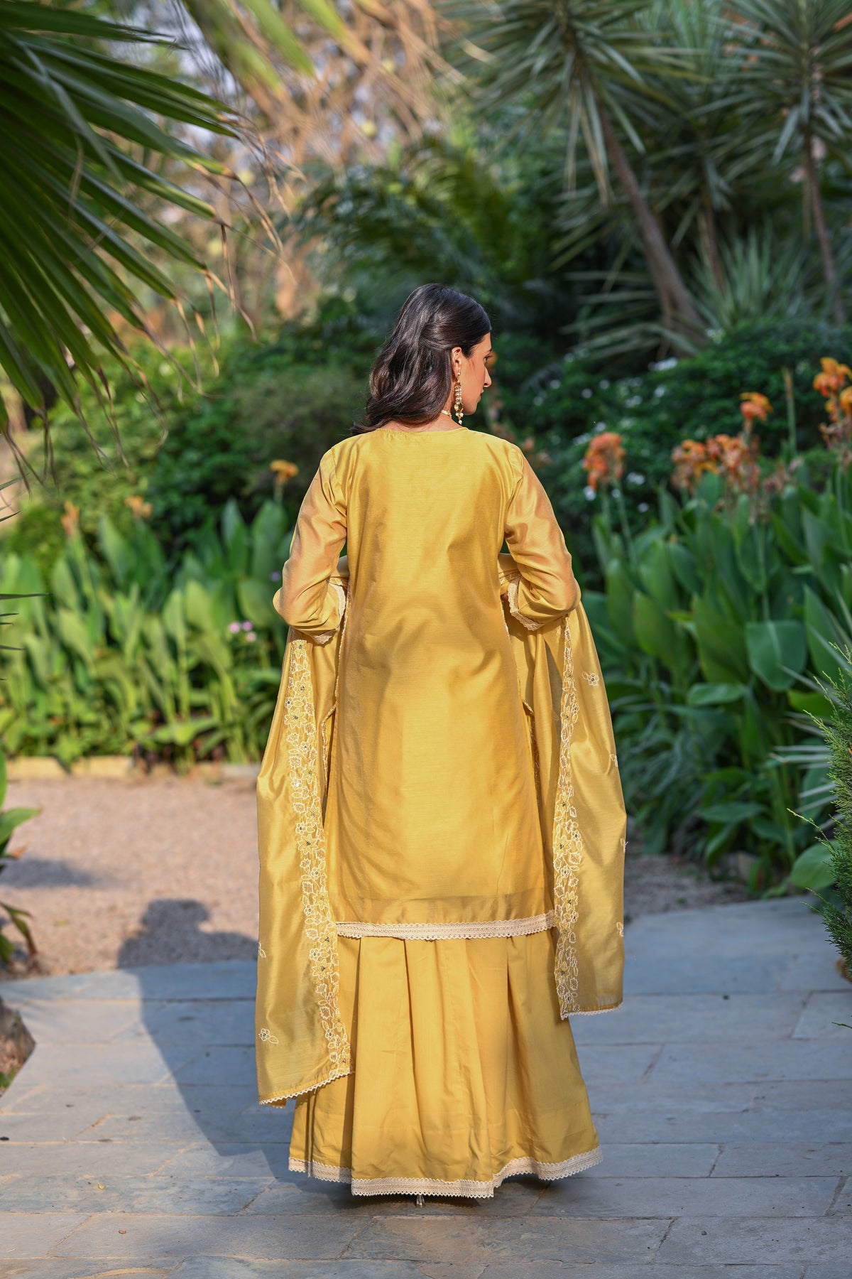 Yellow Thread Embroidered With Lace Chanderi Kurta Skirt Set