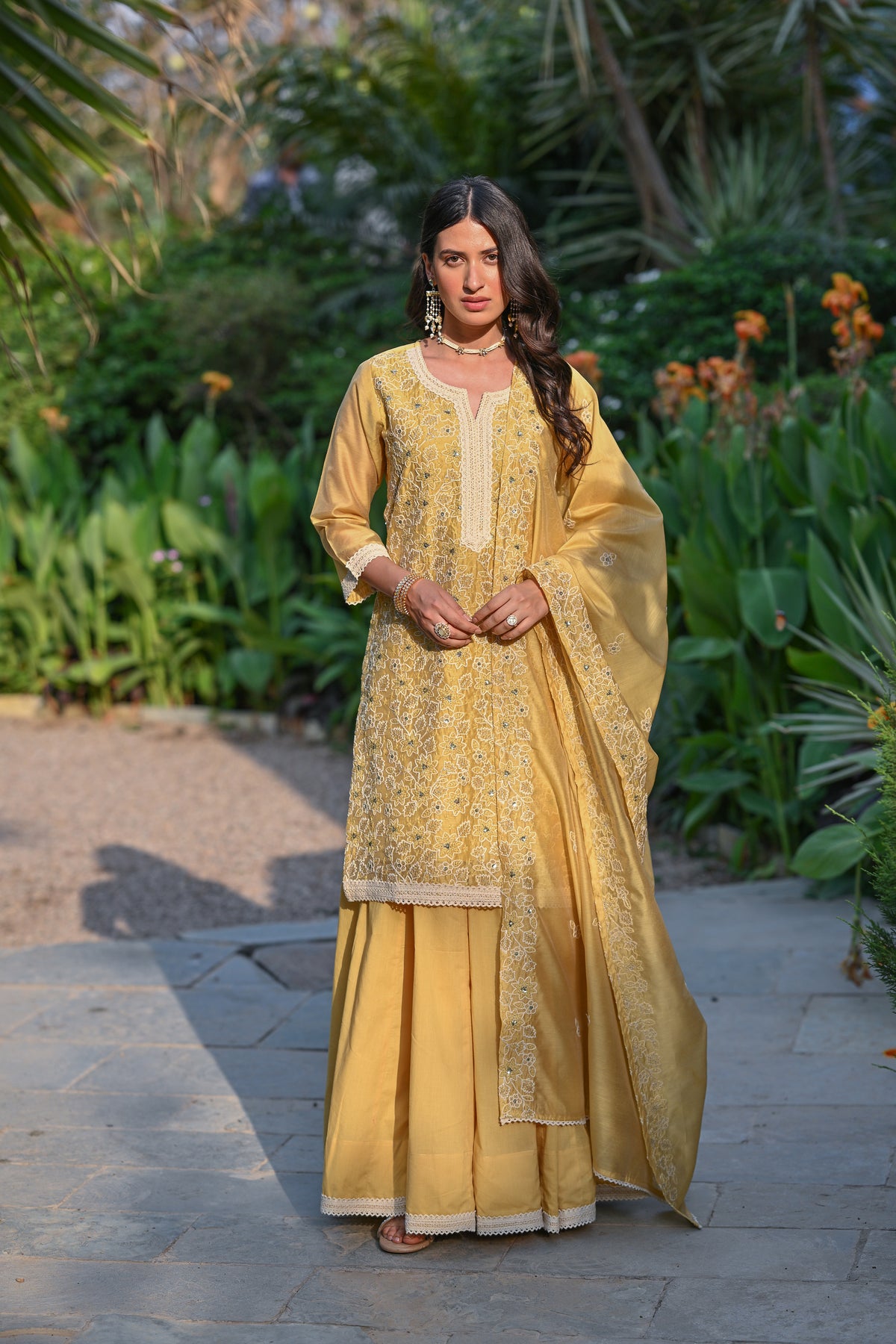 Yellow Thread Embroidered With Lace Chanderi Kurta Skirt Set