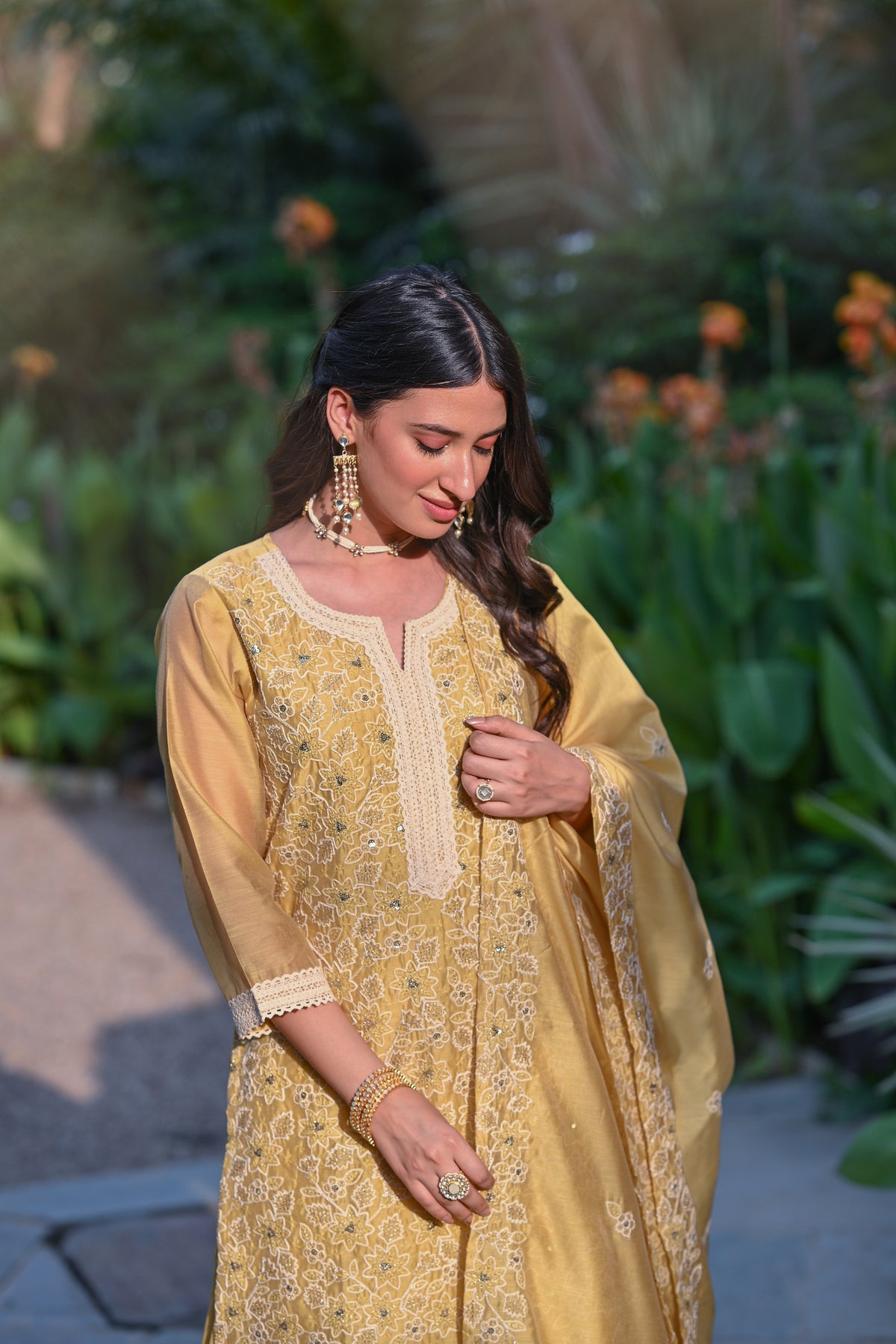 Yellow Thread Embroidered With Lace Chanderi Kurta Skirt Set