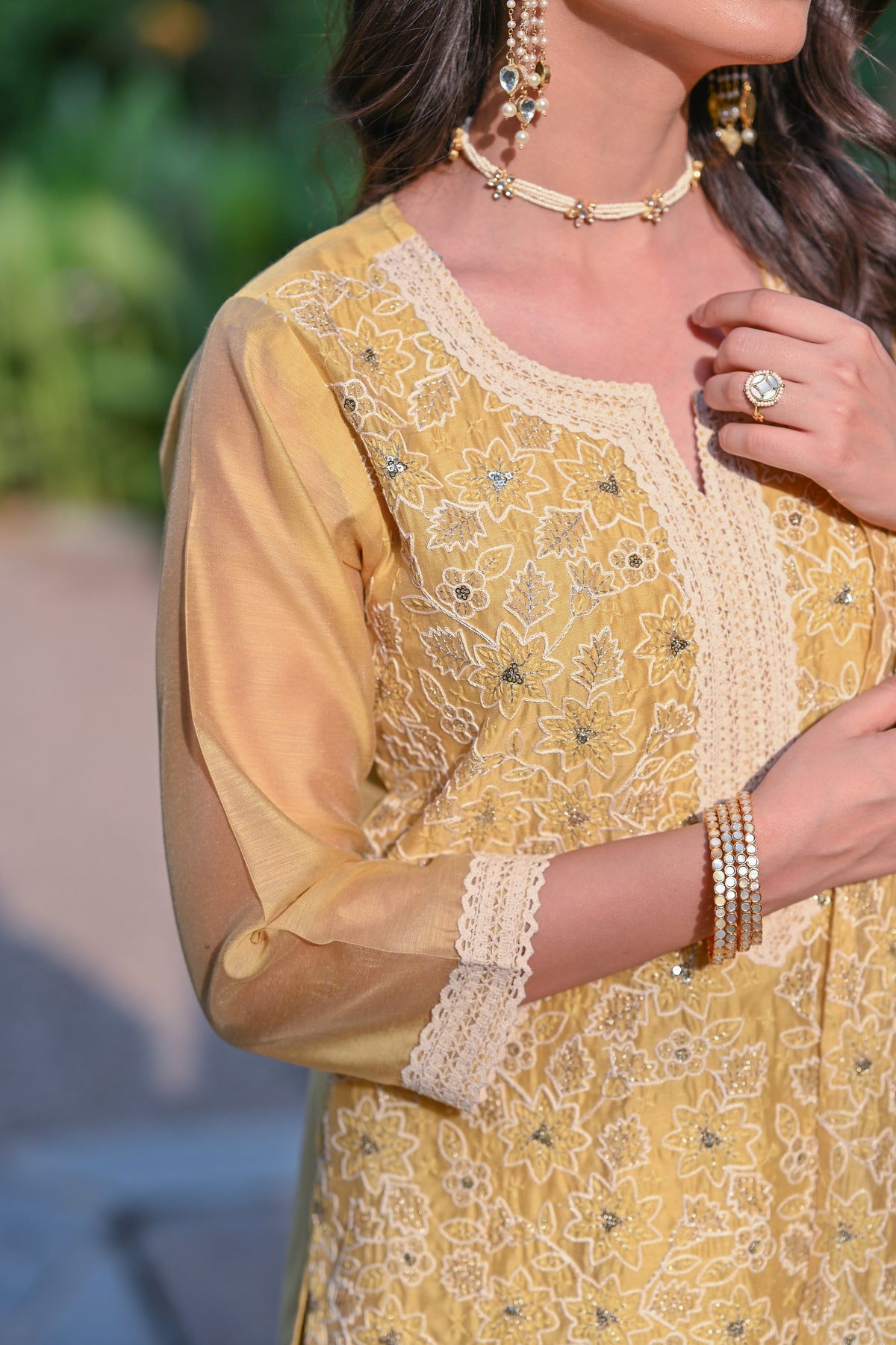 Yellow Thread Embroidered With Lace Chanderi Kurta Skirt Set