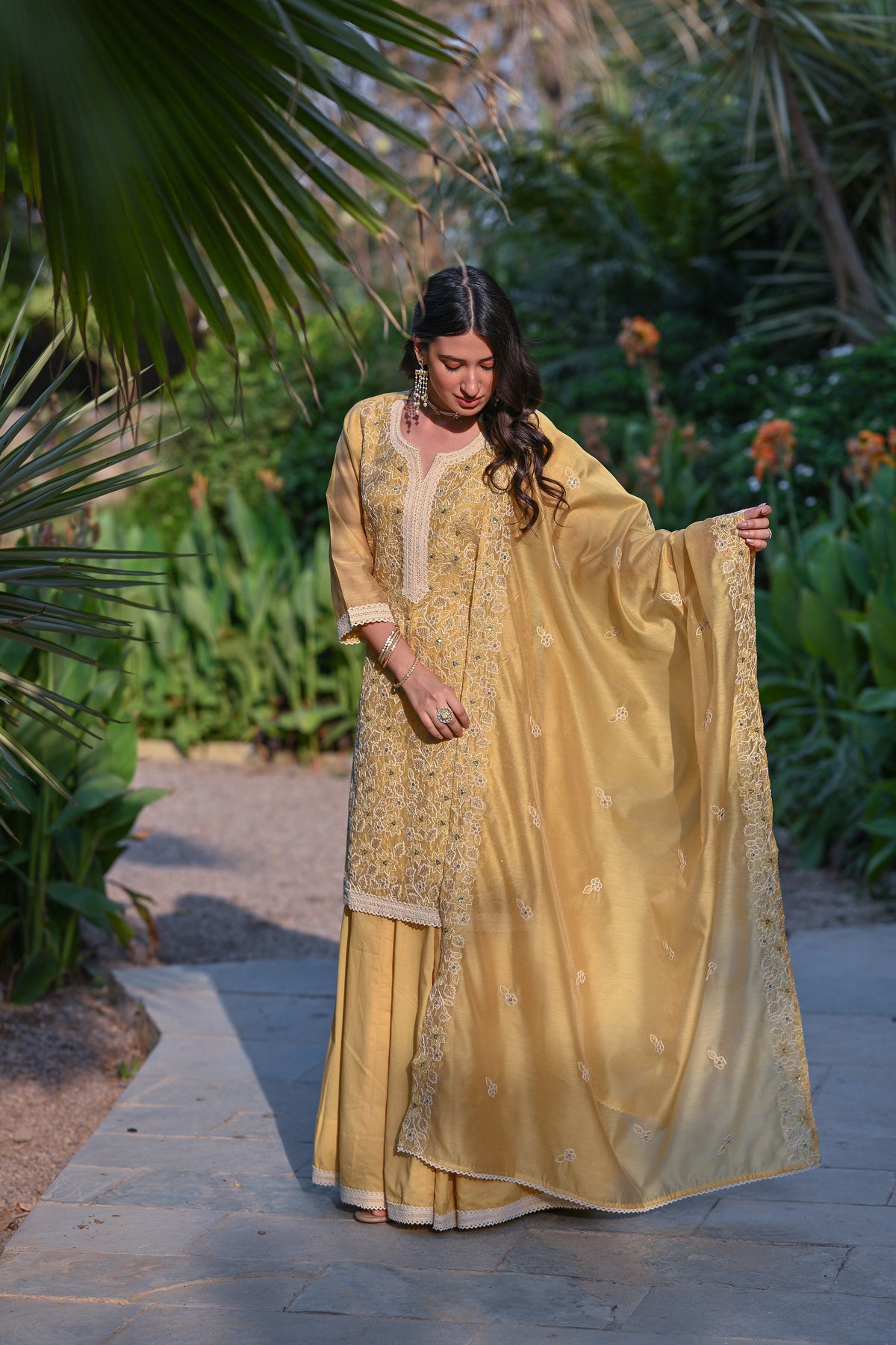 Yellow Thread Embroidered With Lace Chanderi Kurta Skirt Set