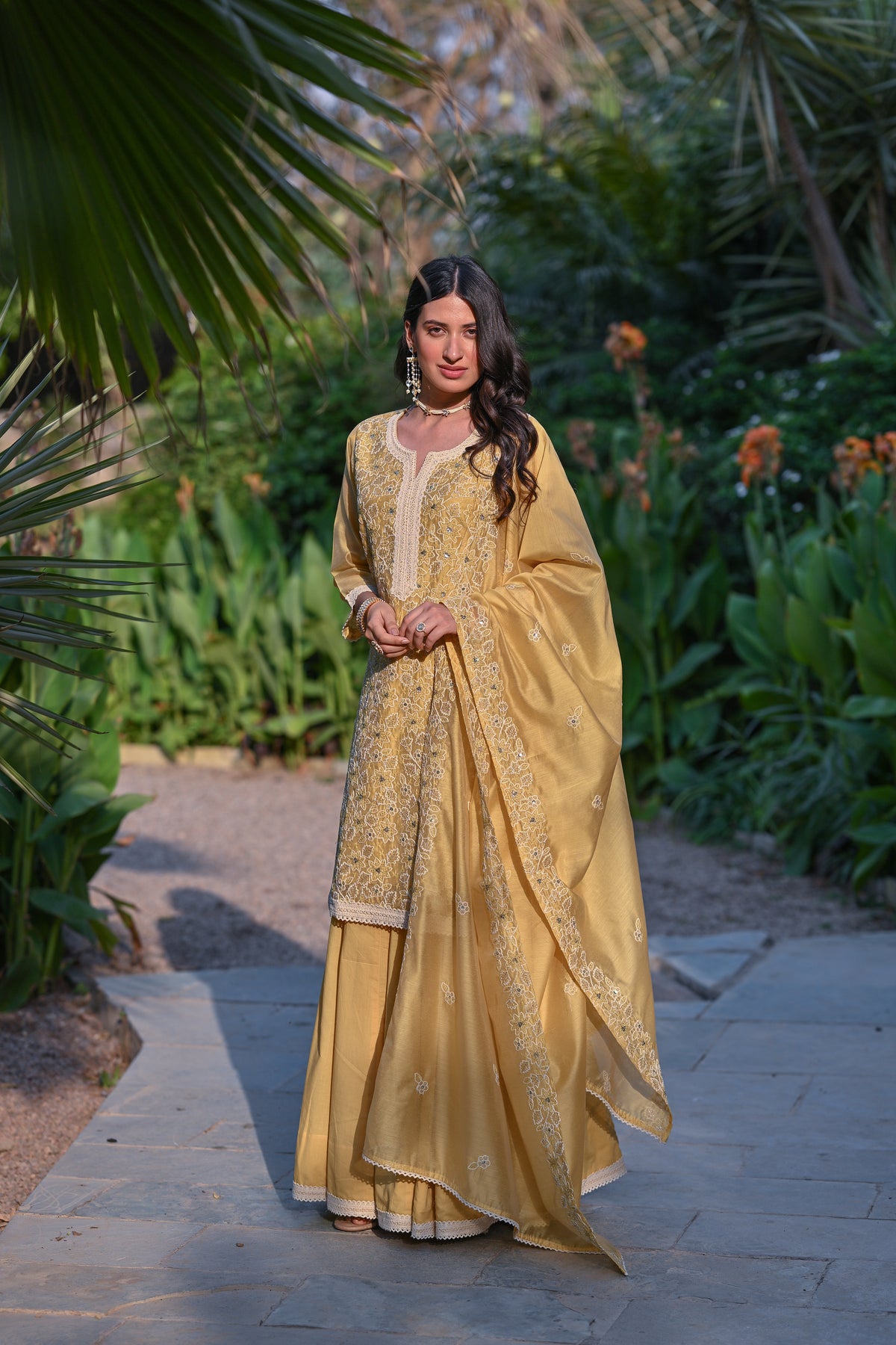 Yellow Thread Embroidered With Lace Chanderi Kurta Skirt Set