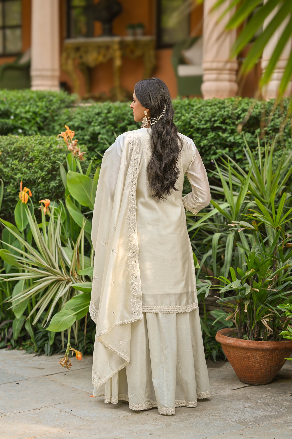 Off White Thread Embroidered With Lace Chanderi Kurta Skirt Set