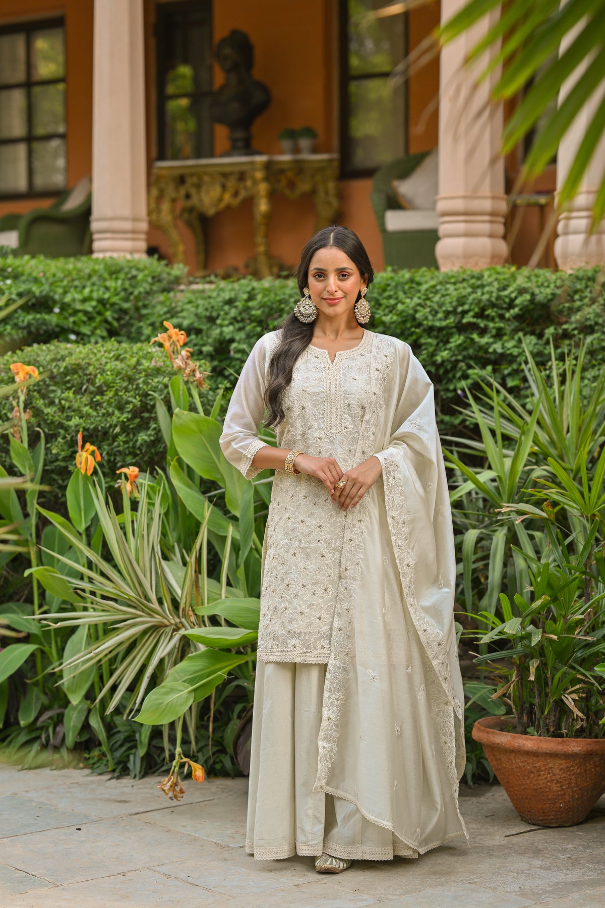 Off White Thread Embroidered With Lace Chanderi Kurta Skirt Set