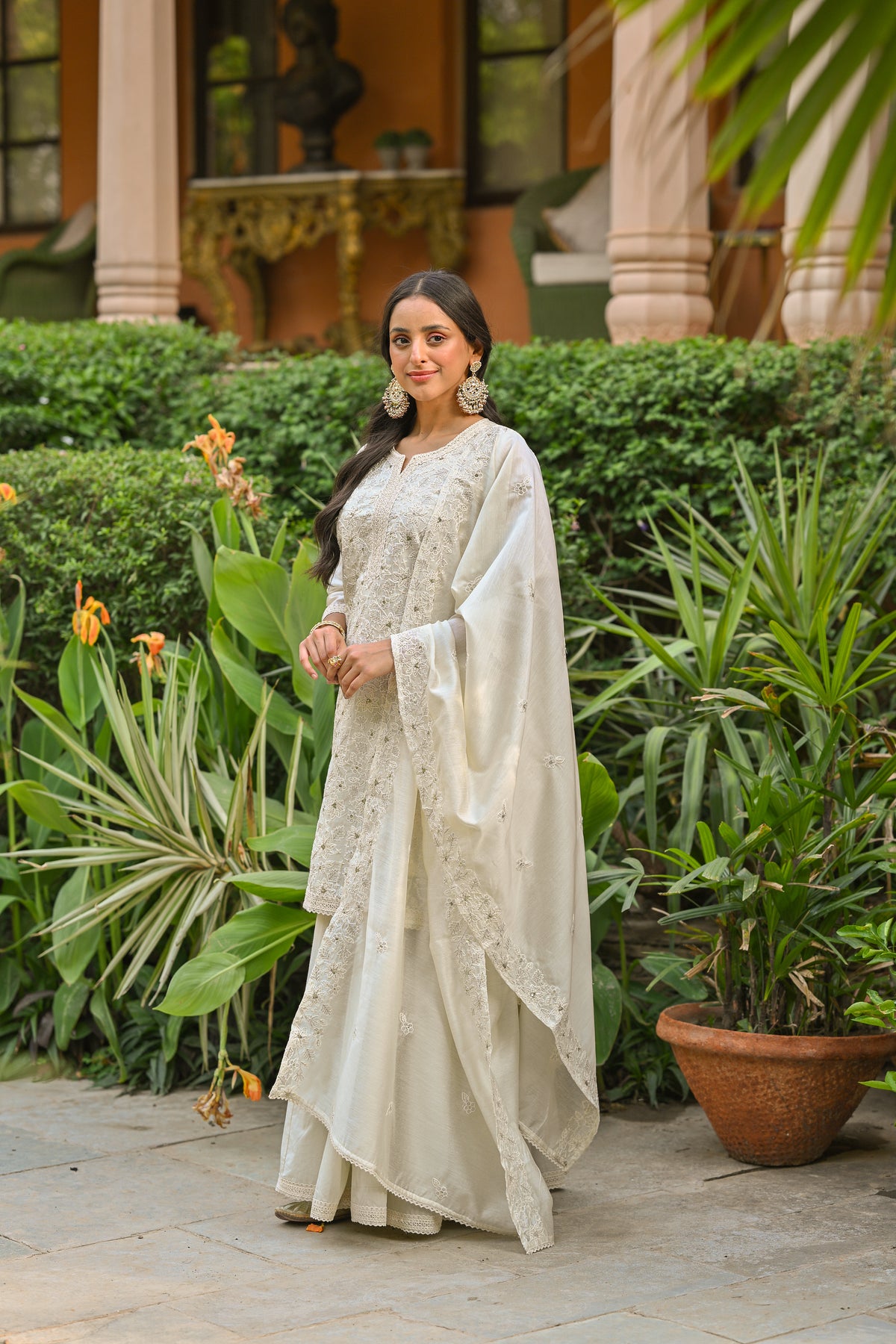 Off White Thread Embroidered With Lace Chanderi Kurta Skirt Set