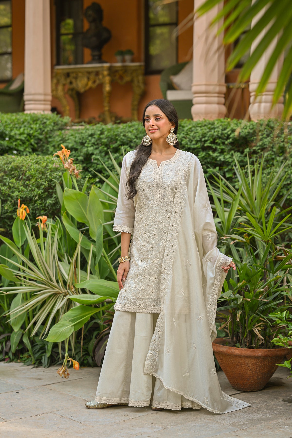 Off White Thread Embroidered With Lace Chanderi Kurta Skirt Set